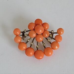 Antique Victorian 800 Silver Orange Coral Seed Pearl Bead Intricate Brooch Pin